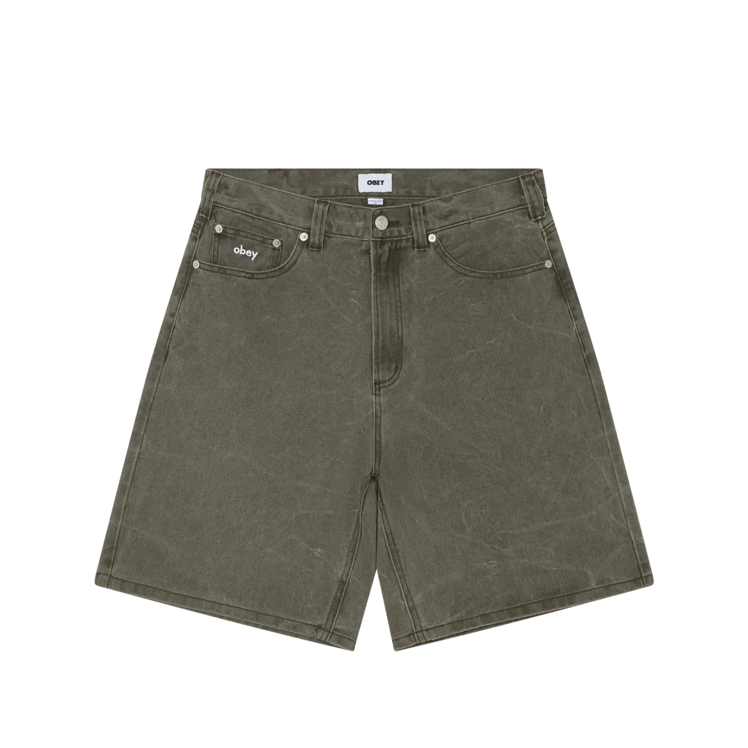 Obey Bigwig Baggy Denim Shorts - Black Olive Wrinkle Wash