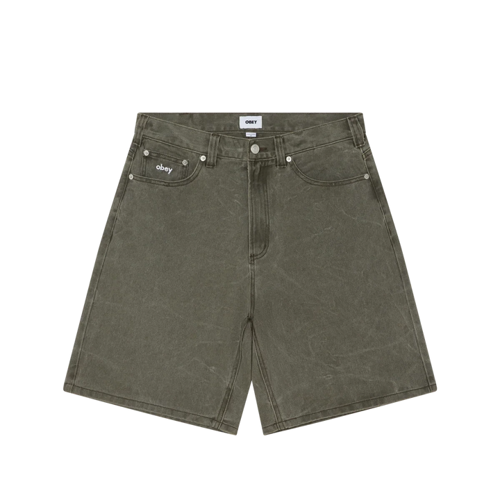 Obey Bigwig Baggy Denim Shorts - Black Olive Wrinkle Wash