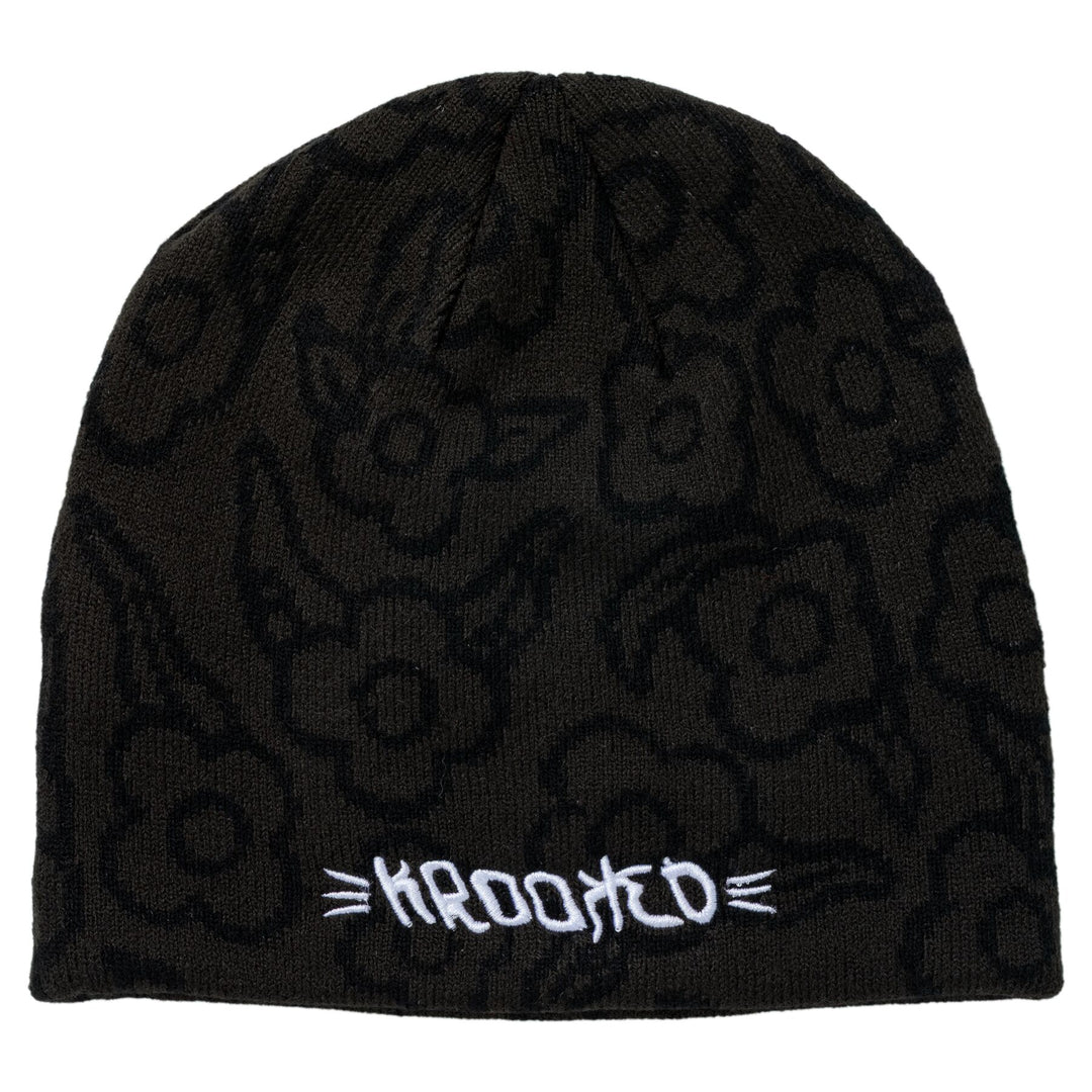 Krooked Brush Skript Flower Skull Beanie - Black